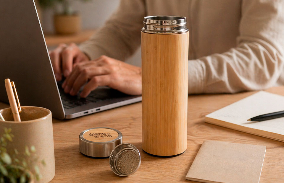 Termo bambú con infusor para té